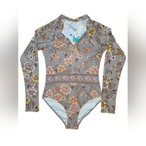 NWT Swimwear Floral Long Sleeve Rash Guard One Piece Swimsuit L  Zip Front
